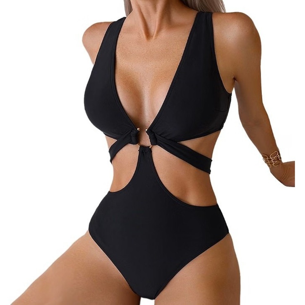 Black Cutout Monokini One Piece Swimsuit Ring Detail V-Neck Size M
